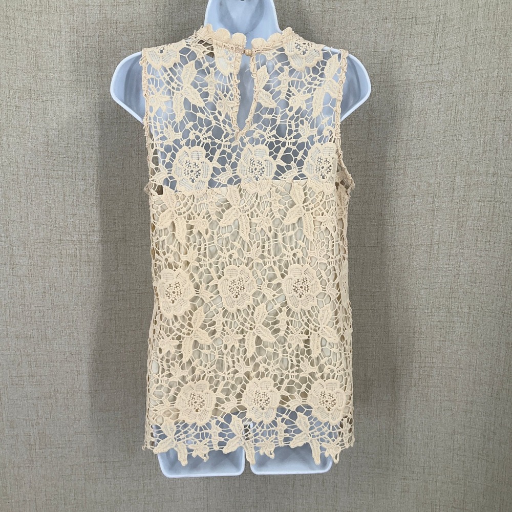 Apricot Crochet Lace Top Women 6 Beige Floral Boho High Neck Victorian Ethereal - Picture 2 of 7